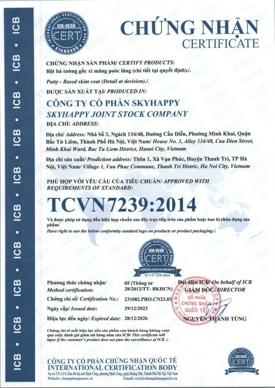 giấy chứng nhận chất lượng sơn sky happy